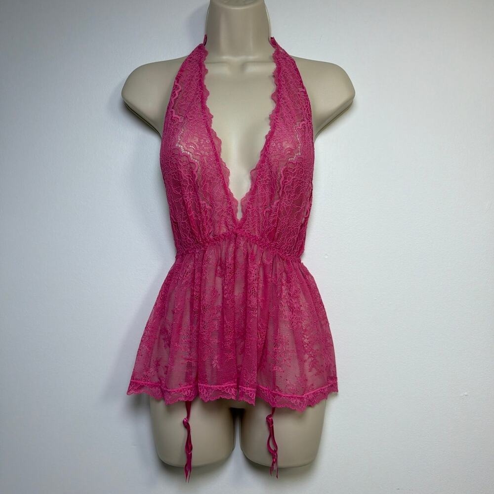 Victoria's Secret Pink Lace Halter Plunge Garter Babydoll Lingerie Top Size S